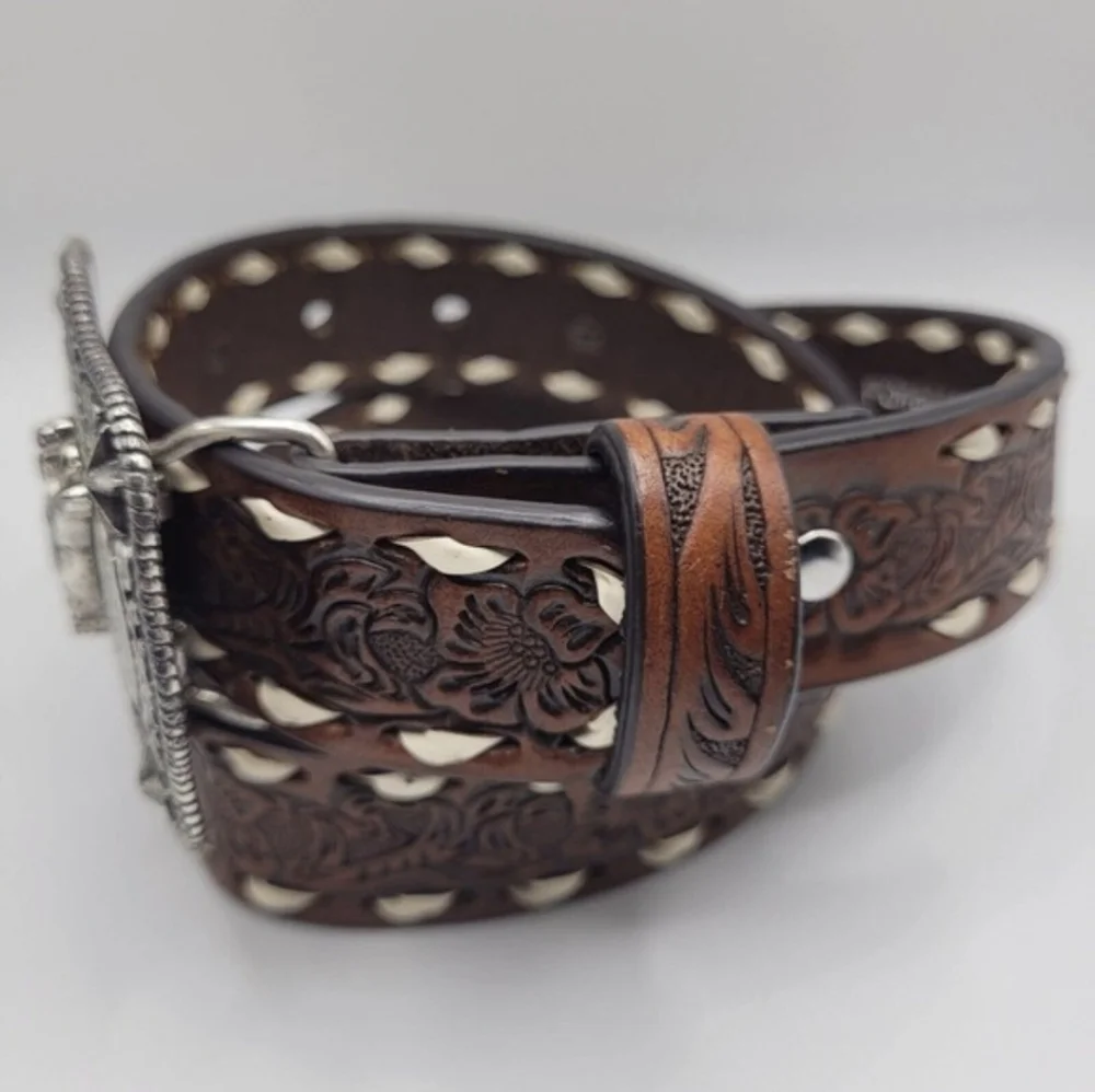NOCONA Western brown tooled  leather white buckstitch belt & Bull Buckle sz 24